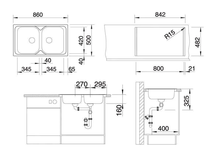 Kitchen Sink Blanco Tipo 8 – Stainless Steel Sink, 86 × 50 cm, Stainless Steel