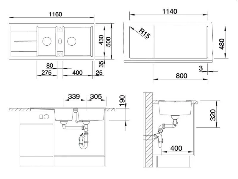 Kitchen Sink Blanco Metra 8 S – Silgranit Sink, 116 × 50 cm, Anthracite