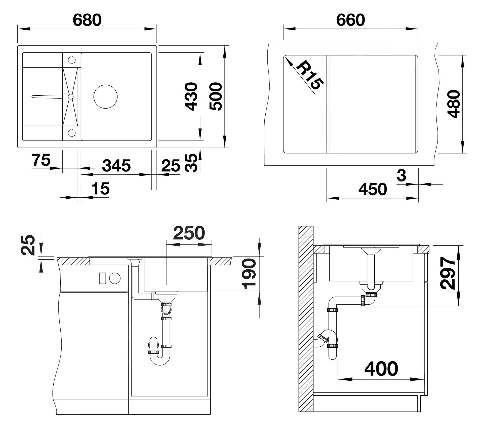 Blanco Metra 45 S Compact Kitchen Sink – Silgranit Sink, 68 × 50 cm, with Excenter, White
