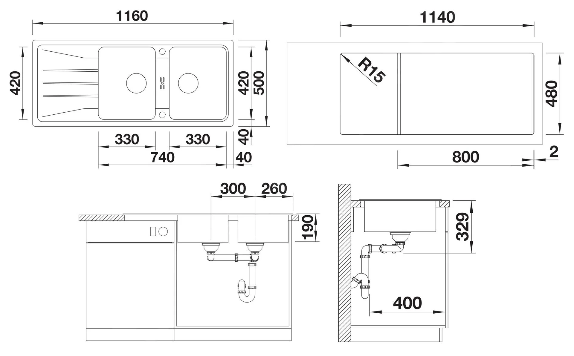 Kitchen Sink Blanco Sona 8 S – Silgranit Sink, 116 × 50 cm, Gray Rock