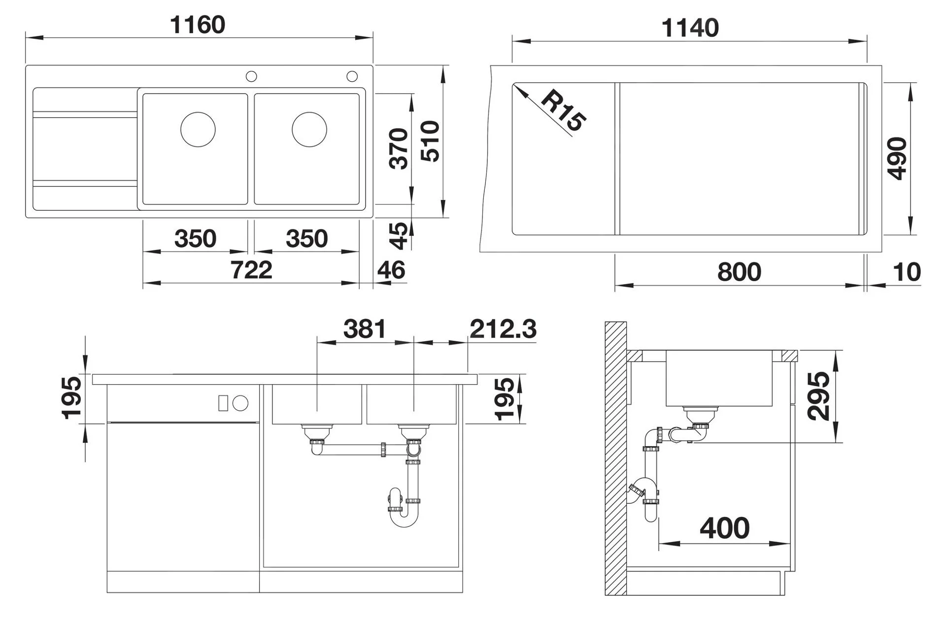 Kitchen Sink Blanco Divon II 8S-IF – stainless steel sink, 116 × 51 cm, small bowl on the left, satin finish stainless steel