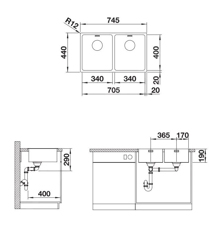 Blanco Andano 340/340-IF Kitchen Sink – Stainless Steel Sink, 74.5 × 44 cm, Silk Finish Stainless Steel