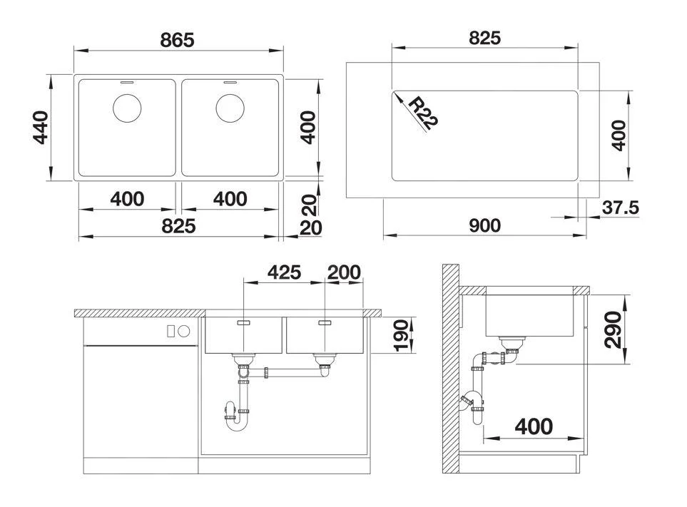 Kitchen Sink Blanco Andano 400/400-U – stainless steel sink, 86.5 × 44 cm, stainless silk gloss