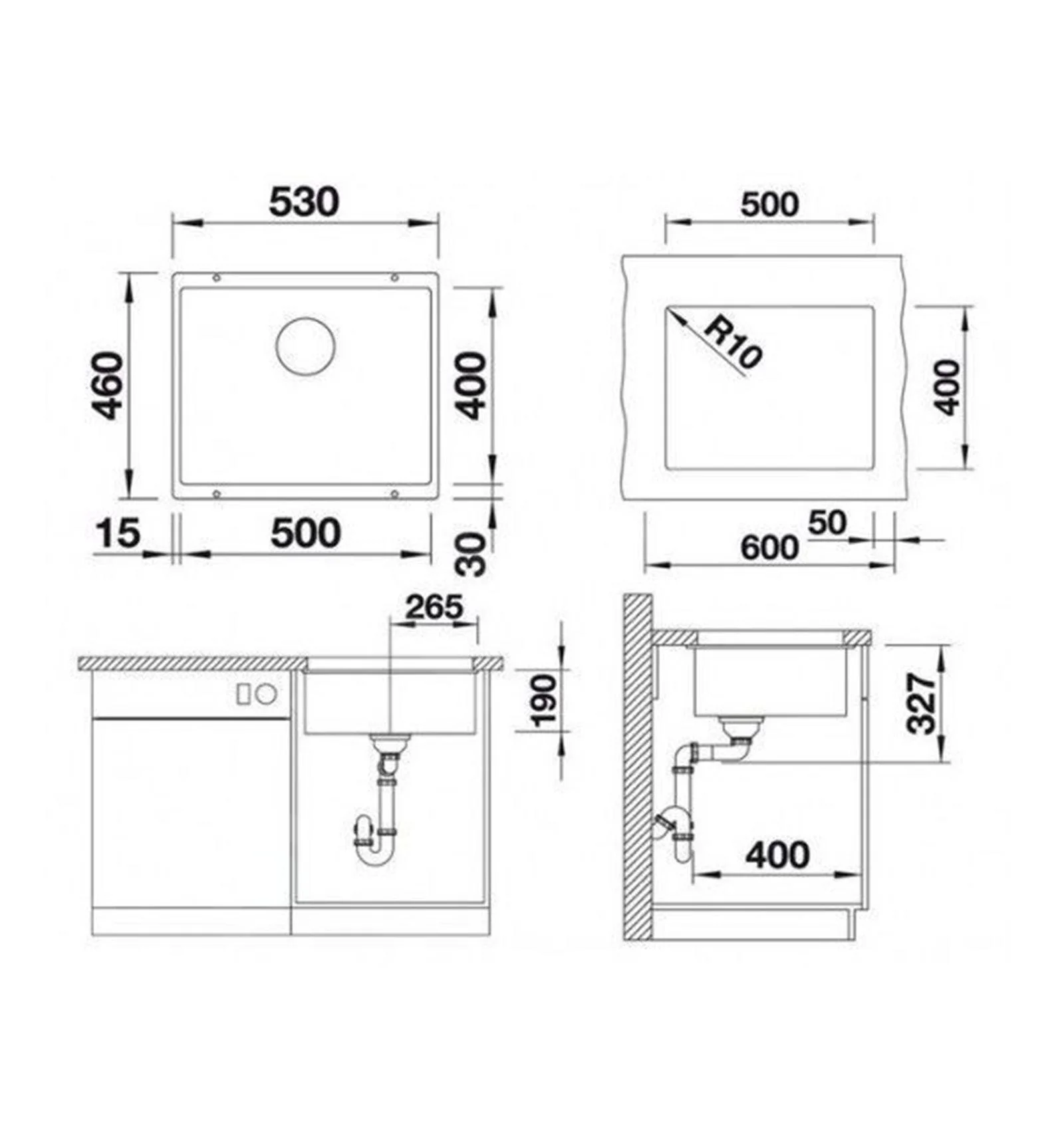 Blanco Subline 500-U konyhai mosogató – silgranit mosogató, 53 × 46 cm, antracit