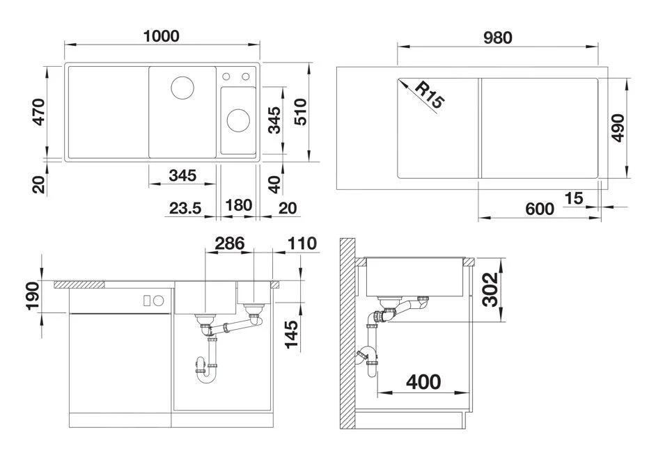 Kuchynský drez Blanco Axia III 6 S – silgranitový drez, 100 × 51 cm, malá vanička vpravo, s príslušenstvom: drevená krájacia doska, nerezová miska, antracit