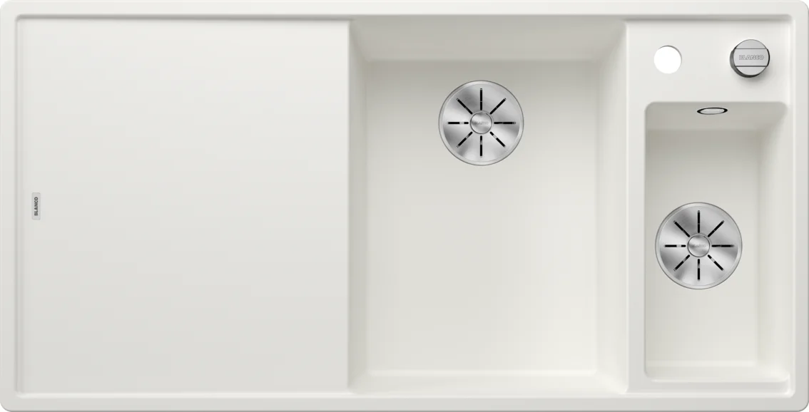 Kuchynský drez Blanco Axia III 6 S – silgranitový drez, 100 × 51 cm, malá vanička vpravo, s príslušenstvom: drevená krájacia doska, nerezová miska, biela