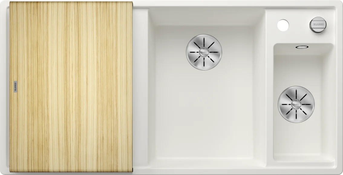 Kuchynský drez Blanco Axia III 6 S – silgranitový drez, 100 × 51 cm, malá vanička vpravo, s príslušenstvom: drevená krájacia doska, nerezová miska, biela