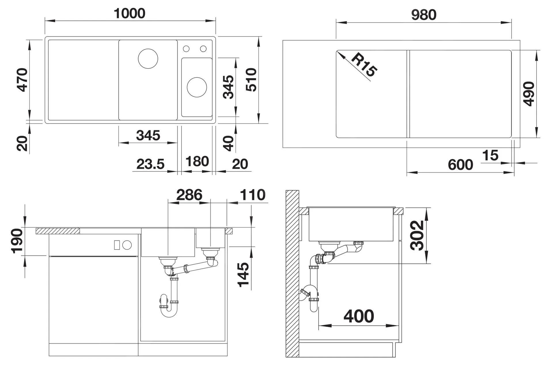 Kitchen Sink Blanco Axia III 6 S – Silgranit Sink, 100 × 51 cm, small bowl on the right, with accessories: wooden cutting board, stainless steel bowl, tartufo