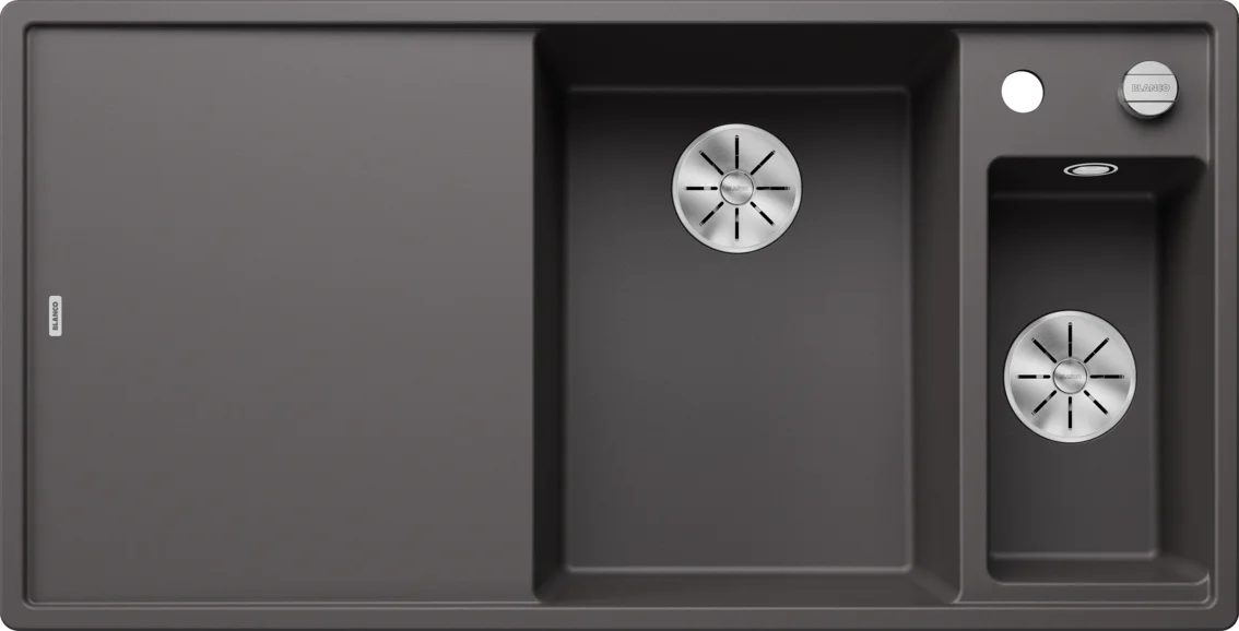 Küchenspüle Blanco Axia III 6 S – Silgranitspüle, 100 × 51 cm, kleine Schüssel rechts, mit Zubehör: Schneidebrett aus weißem Glas, Edelstahl-Schüssel, grauer Stein