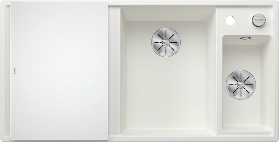 Kuchynský drez Blanco Axia III 6 S – silgranitový drez, 100 × 51 cm, malá vanička vpravo, s príslušenstvom: krájacia doska z bieleho skla, nerezová miska, biela