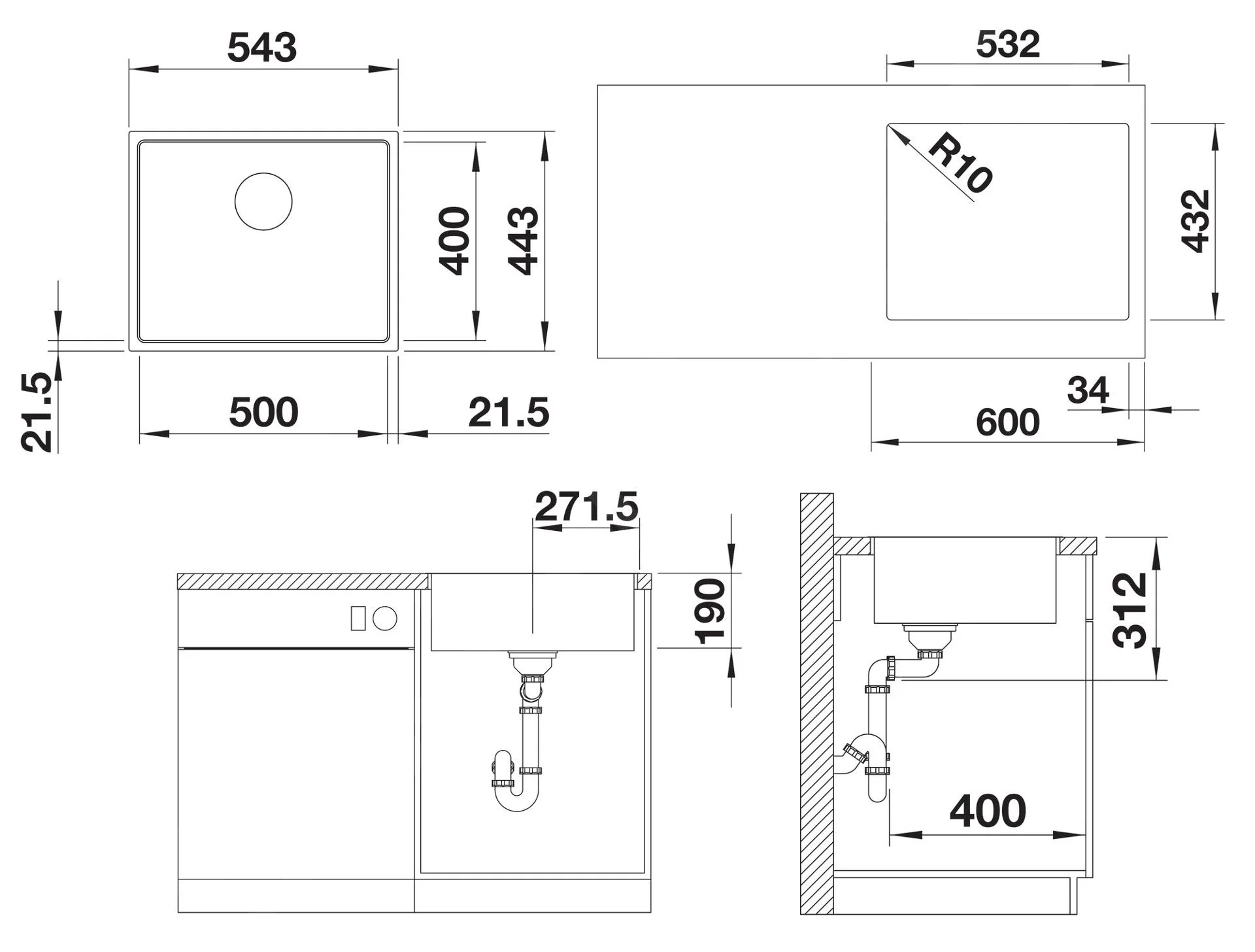 Blanco Subline 500-IF SteelFrame konyhai mosogató – silgranit mosogató, 54,3 × 44,3 cm, antracit