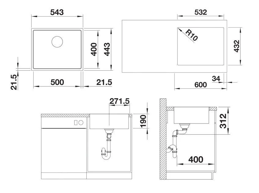 Konyhai mosogató Blanco Subline 500-IF SteelFrame – silgranit mosogató, 54,3 × 44,3 cm, fehér