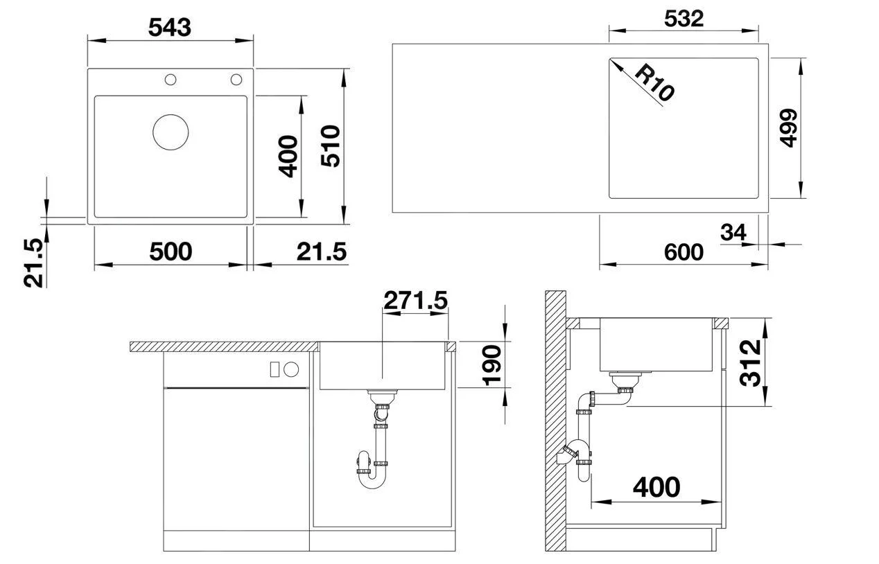 Kitchen Sink Blanco Subline 500-IF/A SteelFrame – Silgranit Sink, 54.3 × 51 cm, Anthracite