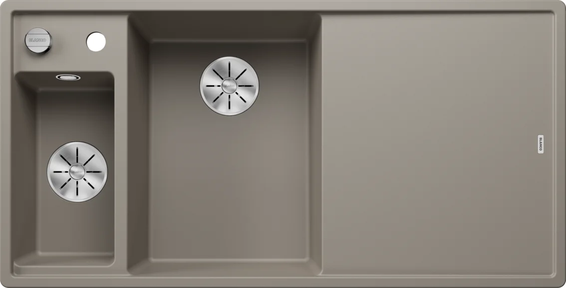 Kuchyňský dřez Blanco Axia III 6 S – silgranitový dřez, 100 × 51 cm, malá vanička vlevo, s příslušenstvím: dřevěná krájecí deska, nerezová miska, tartufo