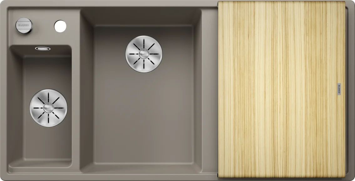 Kitchen Sink Blanco Axia III 6 S – silgranit sink, 100 × 51 cm, small bowl on the left, with accessories: wooden cutting board, stainless steel bowl, tartufo