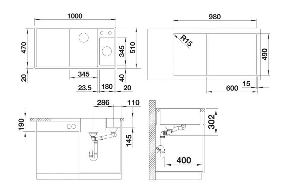Kuchynský drez Blanco Axia III 6 S – silgranitový drez, 100 × 51 cm, malá vanička vľavo, s príslušenstvom: krájacia doska z bieleho skla, nerezová miska, biela