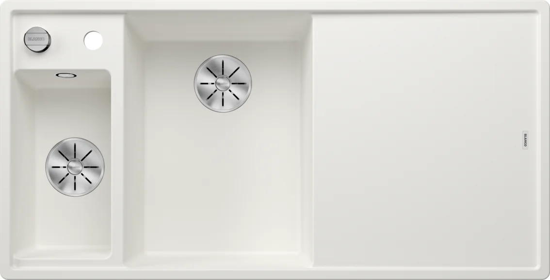 Kuchynský drez Blanco Axia III 6 S – silgranitový drez, 100 × 51 cm, malá vanička vľavo, s príslušenstvom: krájacia doska z bieleho skla, nerezová miska, biela