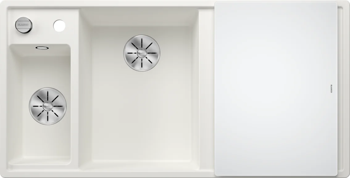 Kuchynský drez Blanco Axia III 6 S – silgranitový drez, 100 × 51 cm, malá vanička vľavo, s príslušenstvom: krájacia doska z bieleho skla, nerezová miska, biela
