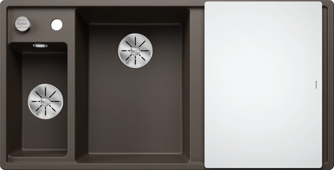 Kuchynský drez Blanco Axia III 6 S – silgranitový drez, 100 × 51 cm, s príslušenstvom: krájacia doska z bieleho skla, nerezová miska, káva