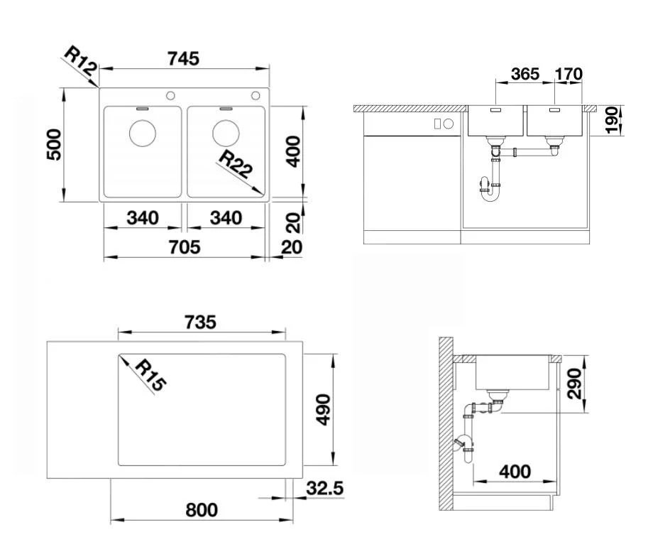 Kitchen Sink Blanco Andano 340/340-IF/A – stainless steel sink, 74.5 × 50 cm, stainless silk gloss