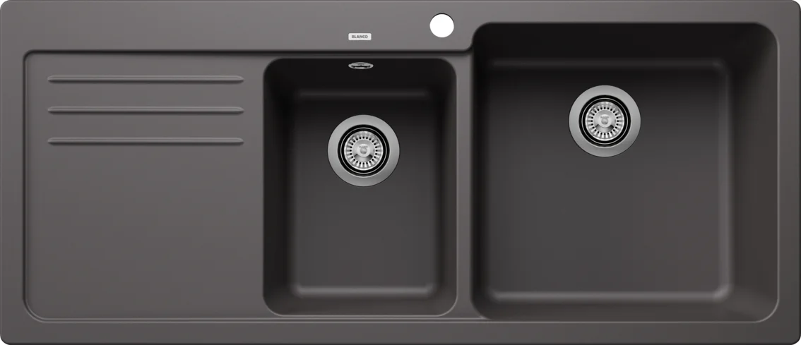 Kitchen Sink Blanco Naya 8 S – Silgranit Sink, 116 × 50 cm, Small Bowl on the Right, Gray Rock