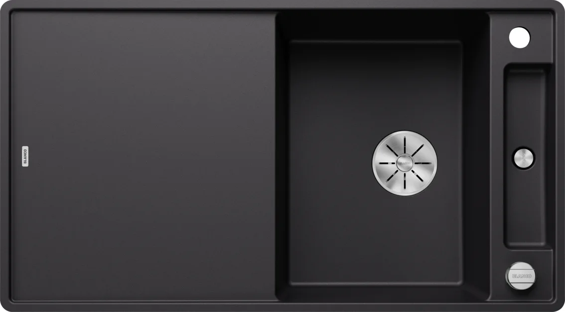 Blanco Axia III 5 S-F Kitchen Sink – Silgranit Sink, 90.5 × 50 cm, with Accessories: White Glass Cutting Board, Black