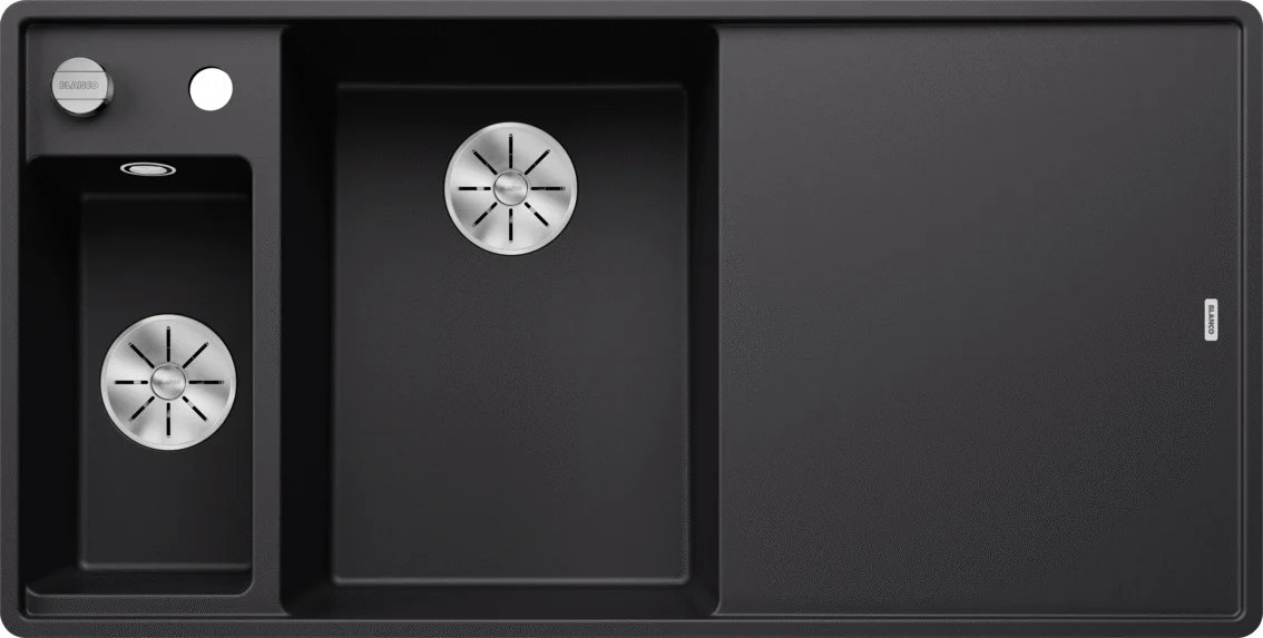 Blanco Axia III 6S-F Kitchen Sink – Silgranit Sink, 99 × 50 cm, Small Bowl on the Left, with Accessories: White Glass Cutting Board, Stainless Steel Bowl, Black