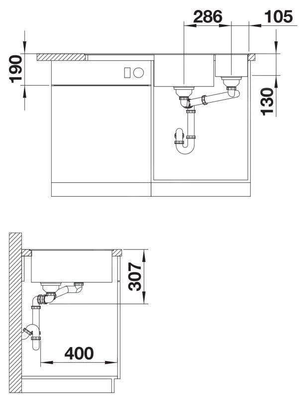Küchenspüle Blanco Axia III 6S-F – Silgranitspüle, 99 × 50 cm, kleine Schüssel links, mit Zubehör: Holzschneidebrett, Edelstahl-Schüssel, schwarz
