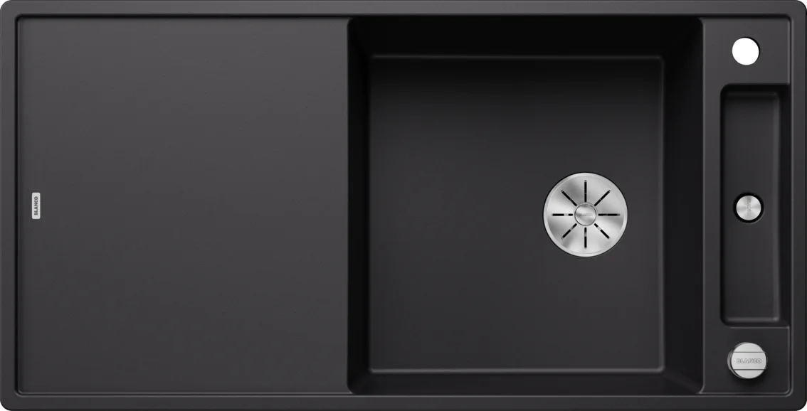 Küchenspüle Blanco Axia III XL 6 S – Silgranitspüle, 100 × 51 cm, mit Zubehör: Schneidebrett aus weißem Glas, schwarz