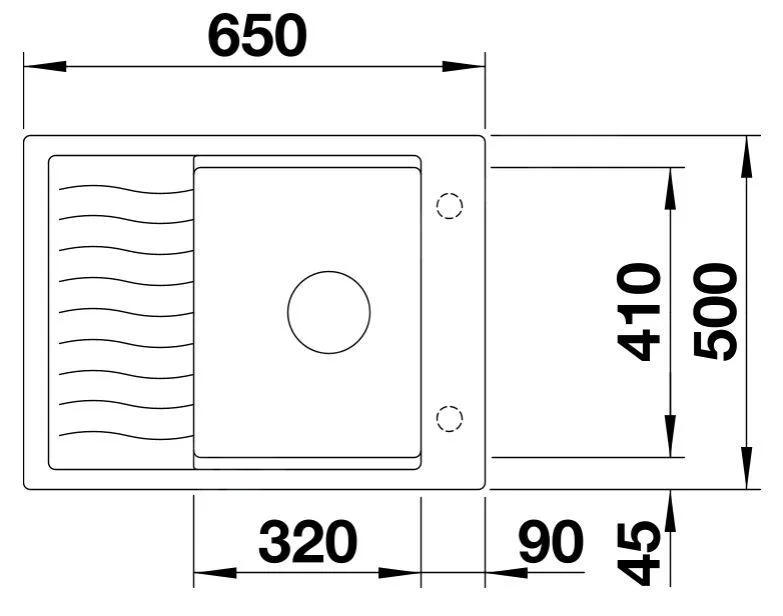Kuchynský drez Blanco Elon 45 S – silgranitový drez, 65 × 50 cm, s príslušenstvom: odkvapkávacia mriezka, nerez, s excentrom, čierna