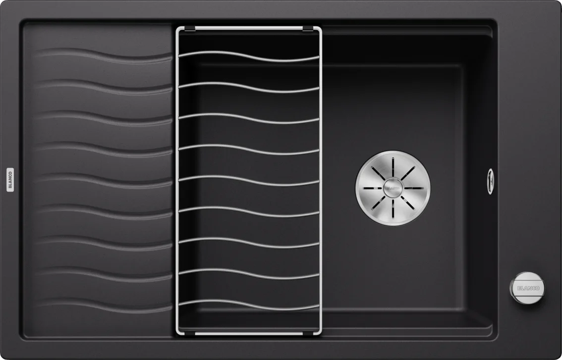 Küchenspüle Blanco Elon XL 6 S – Silgranitspüle, 78 × 50 cm, mit Zubehör: Abtropfgitter, Edelstahl, mit Exzenter, schwarz