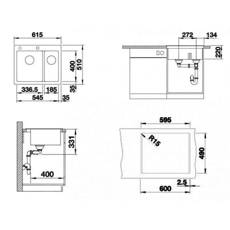 Kitchen Sink Blanco Pleon 6 Split – Silgranit Sink, 61.5 × 51 cm, Black