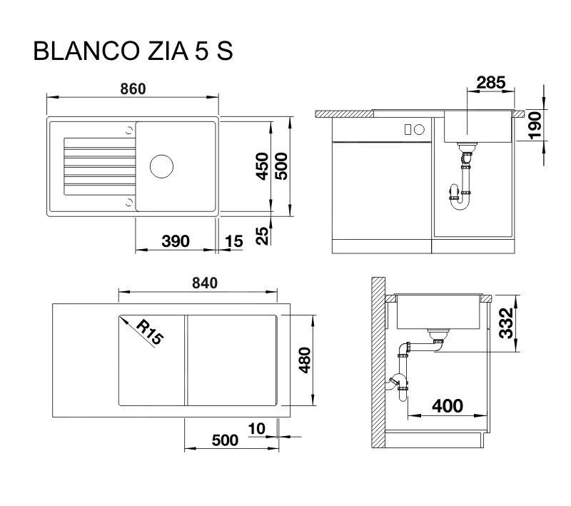 Zlew kuchenny Blanco Zia 5 S – zlew silgranitowy, 86 × 50 cm, z excentrem, czarny