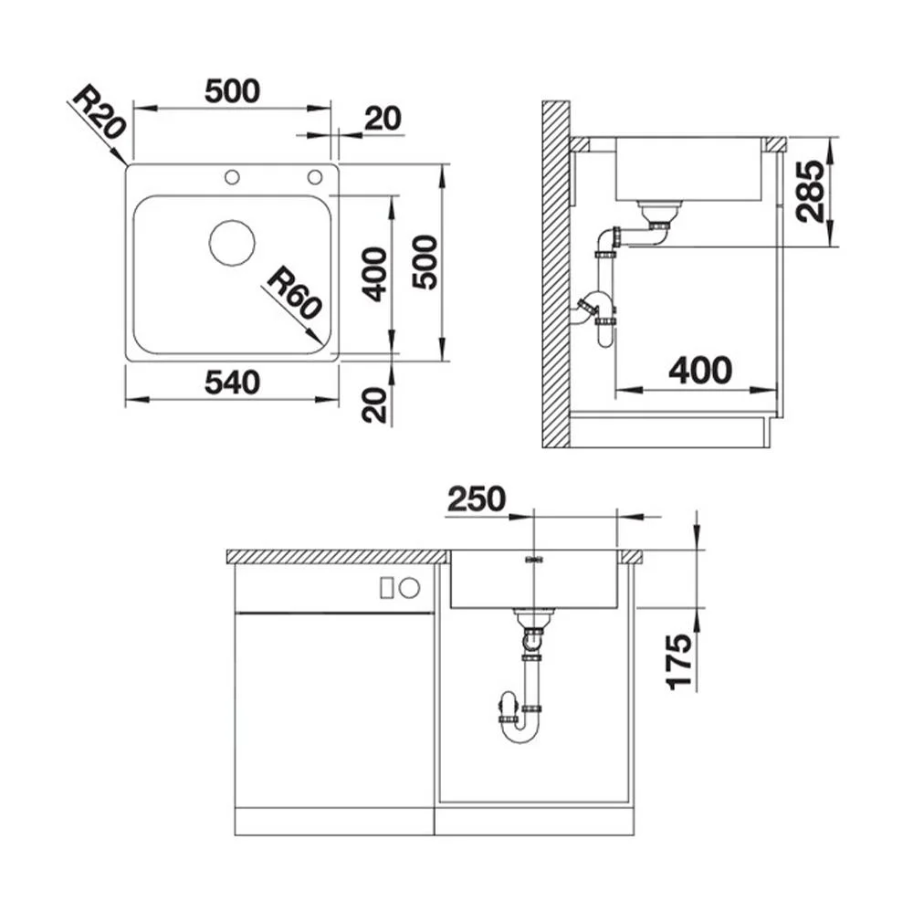 Kitchen Sink Blanco Supra 500-IF/A R12 – stainless steel sink, 54 × 50 cm, with an excenter, polished stainless steel
