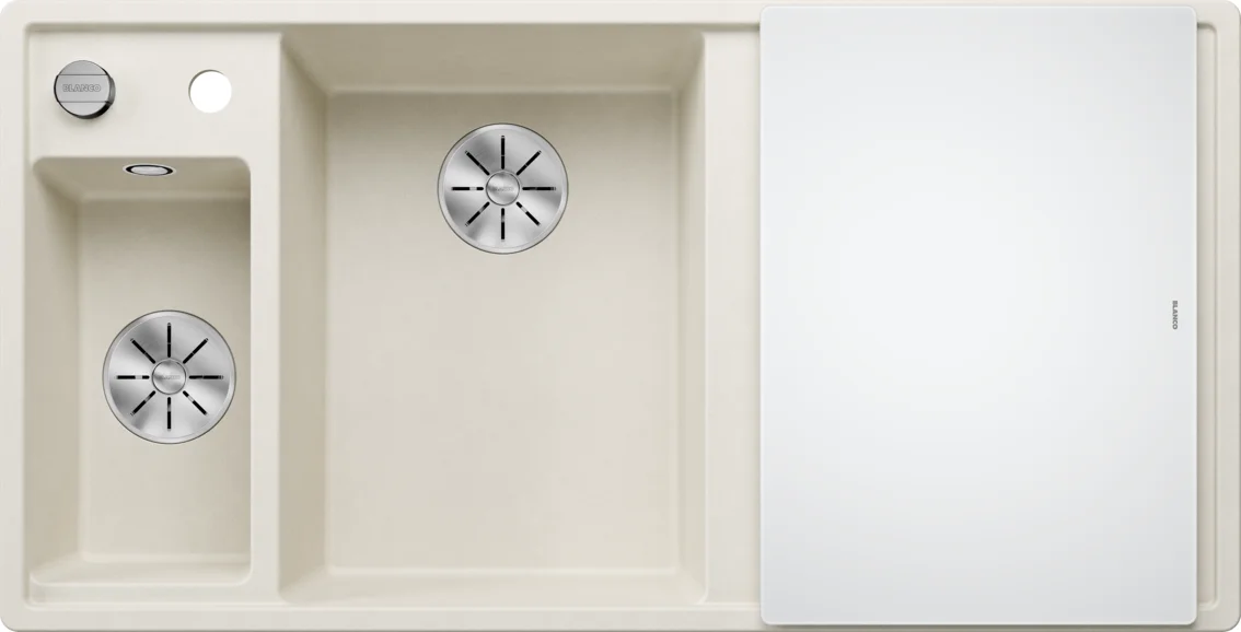 Kuchynský drez Blanco Axia III 6 S – silgranitový drez, 100 × 51 cm, malá vanička vľavo, s príslušenstvom: krájacia doska z bieleho skla, nerezová miska, biela soft
