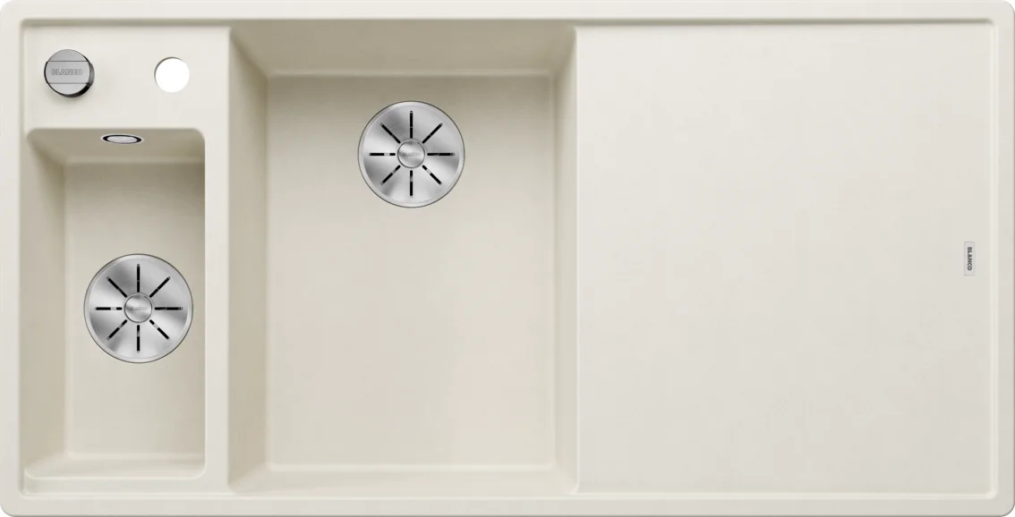 Kuchyňský dřez Blanco Axia III 6 S – silgranitový dřez, 100 × 51 cm, malá vanička vlevo, s příslušenstvím: dřevěná krájecí deska, nerezová miska, bílá soft