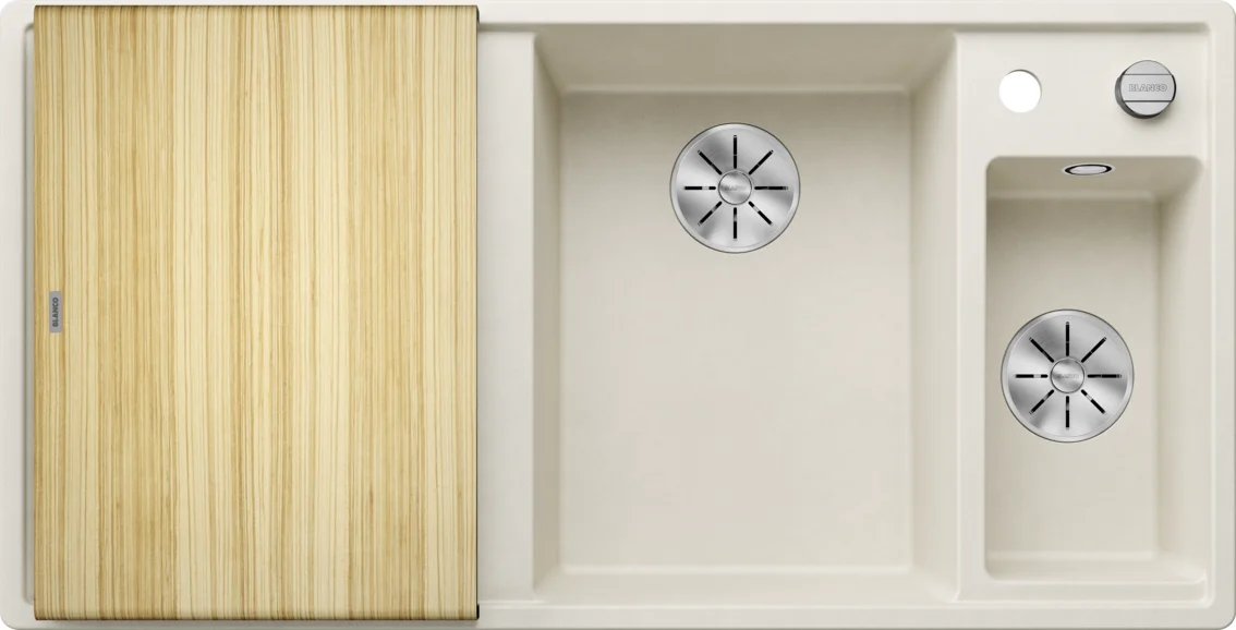 Kuchynský drez Blanco Axia III 6 S – silgranitový drez, 100 × 51 cm, malá vanička vpravo, s príslušenstvom: drevená krájacia doska, nerezová miska, biela soft