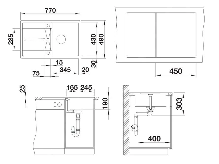 Konyhai mosogató Blanco Metra 45 S-F – silgranit mosogató, 77 × 49 cm, fehér soft