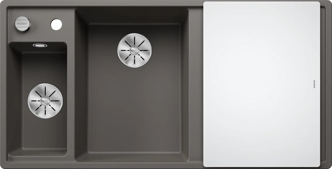 Kuchynský drez Blanco Axia III 6 S – silgranitový drez, 100 × 51 cm, malá vanička vľavo, s príslušenstvom: krájacia doska z bieleho skla, nerezová miska, sivá vulkán