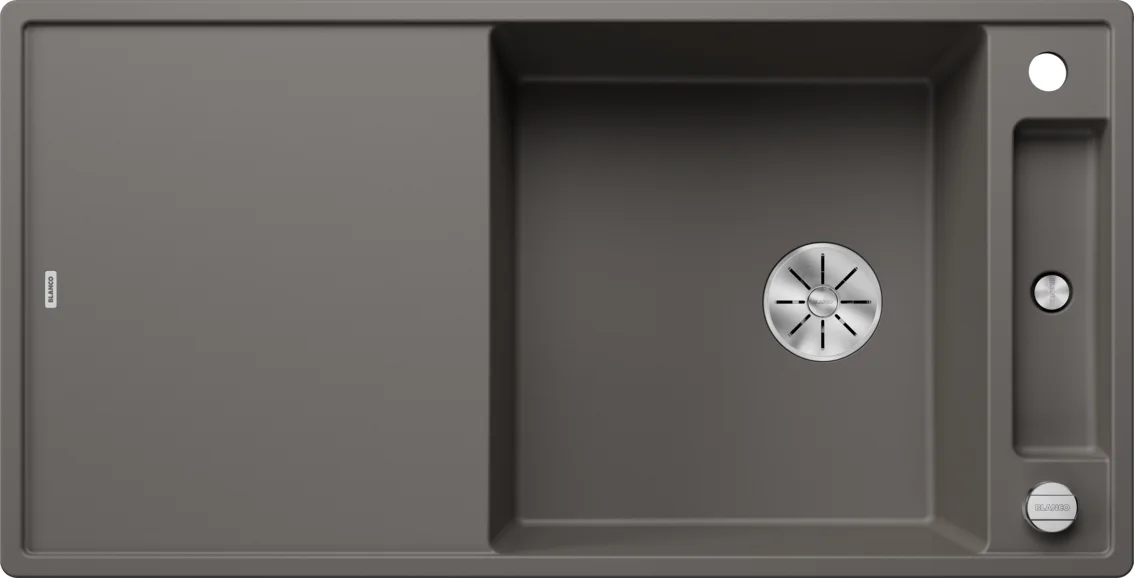 Küchenspüle Blanco Axia III XL 6 S – Silgranitspüle, 100 × 51 cm, mit Zubehör: Schneidebrett aus weißem Glas, grauer Vulkan