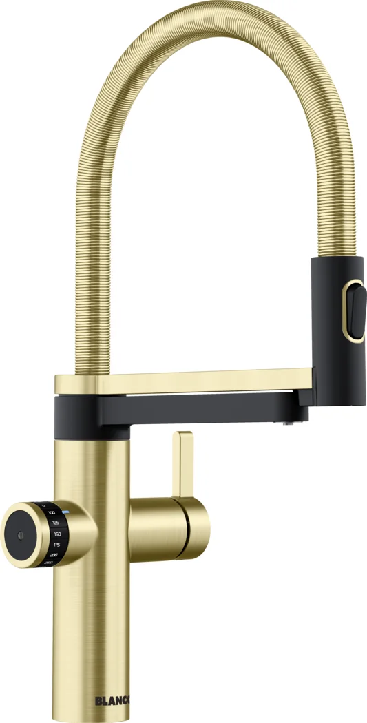 Dřezová baterie Blanco Evol-S Pro Filter s filtrací vody a flexibilním ramenem, satin gold
