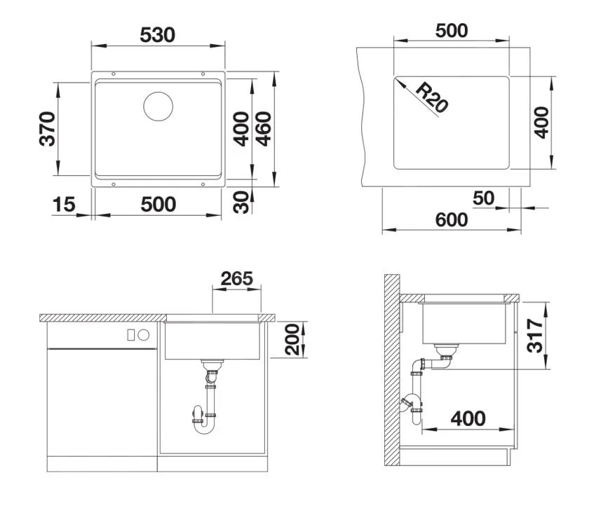Kuchynský drez Blanco Etagon 500-U CU – silgranitový drez, 53 × 46 cm, antracit