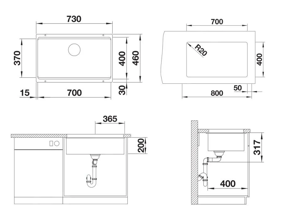 Kitchen Sink Blanco Etagon 700-U CU – Silgranit Sink, 73 × 46 cm, Gray Rock