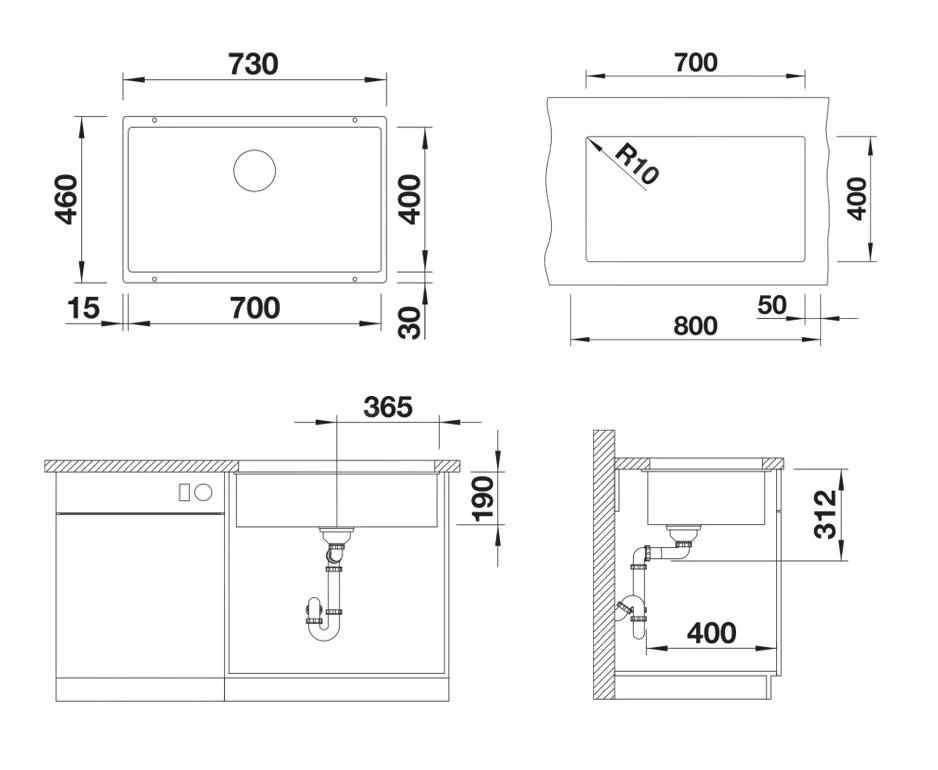 Kitchen Sink Blanco Subline 700-U CU – Silgranit Sink, 73 × 46 cm, Black
