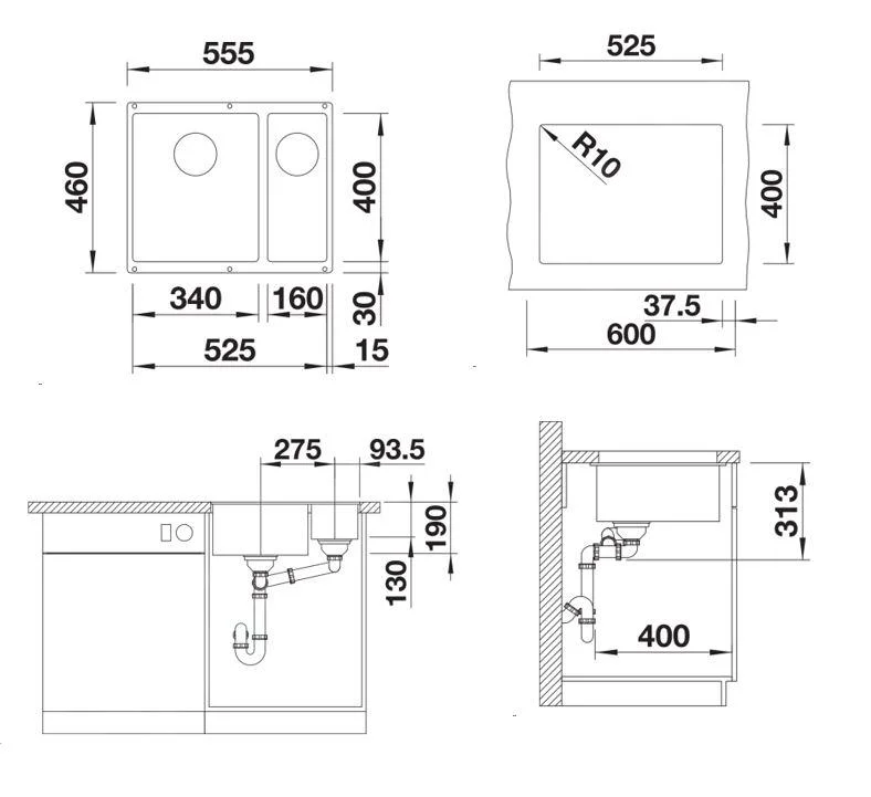 Kuchyňský dřez Blanco Subline 340/160-U CU – silgranitový dřez, 55,5 × 46 cm, hlavní vanička vlevo, šedá skála
