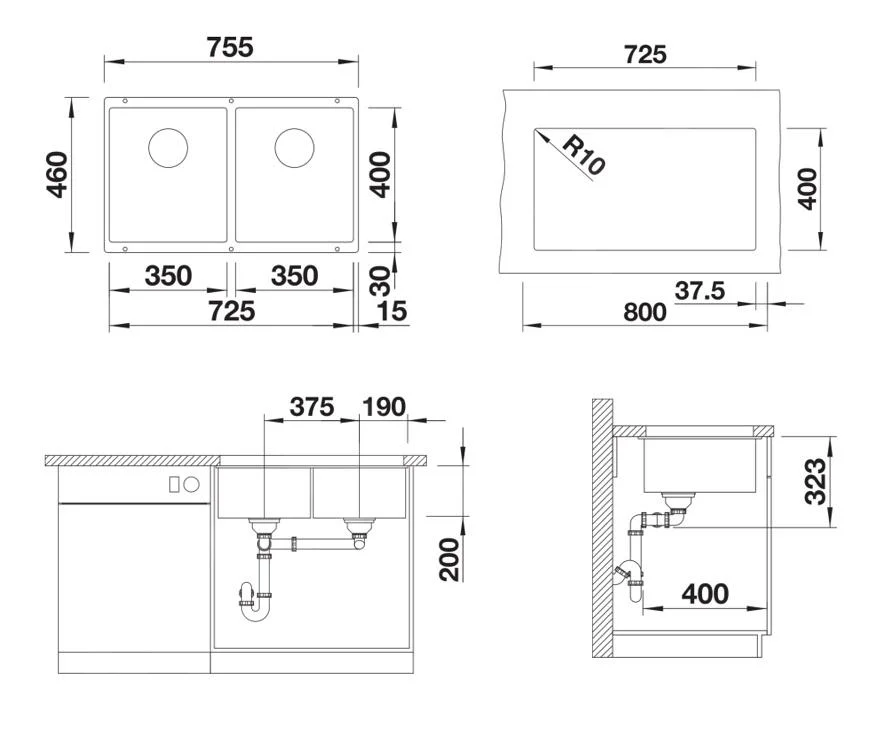 Blanco Subline 350/350-U CU konyhai mosogató – silgranit mosogató, 75,5 × 46 cm, antracit
